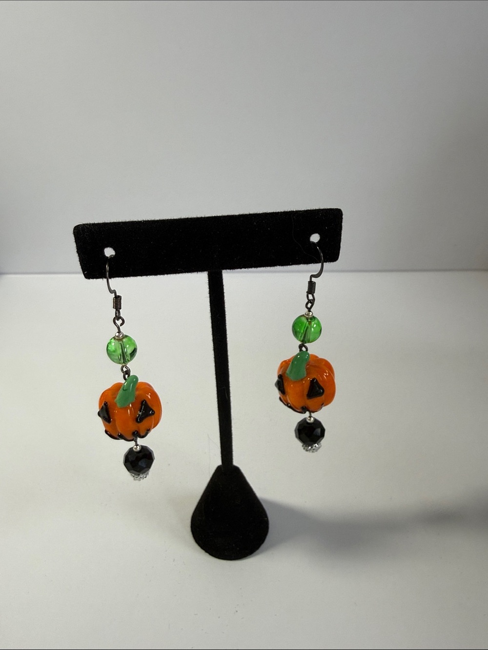 Artisan made Orange Pumpkin Dangle Earrings with Green&black crystal Halloween